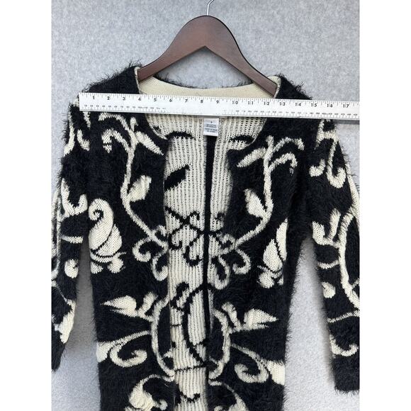 Rebells Womens Open Cardigan Fuzzy Black Cream Floral Print Long Sleeve Size S - Picture 7 of 11
